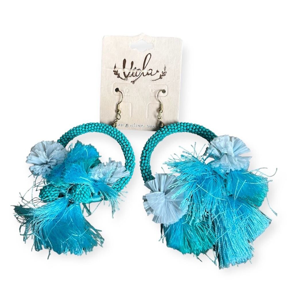 NEW Viola Turquoise Beaded Hoop Earrings Bohemian Pom Pom Party Festival